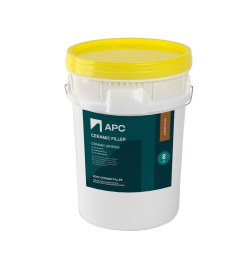 white and yellow plastic pail containing ceramic for use in APC epoxy coatings sytems.