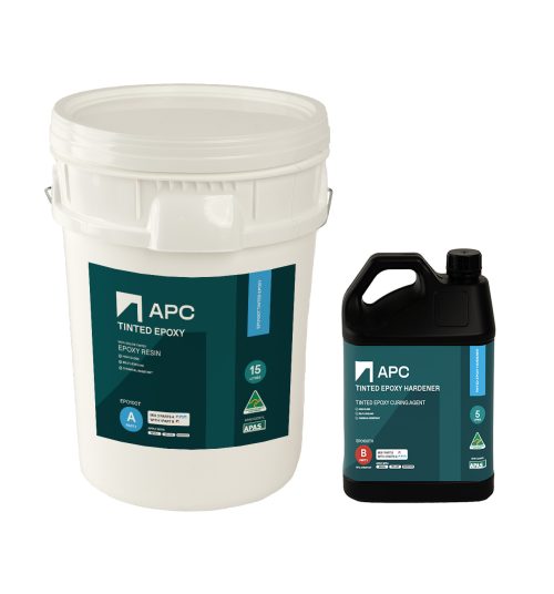 White pails containing all purpose coatings tinted epoxy coating kit